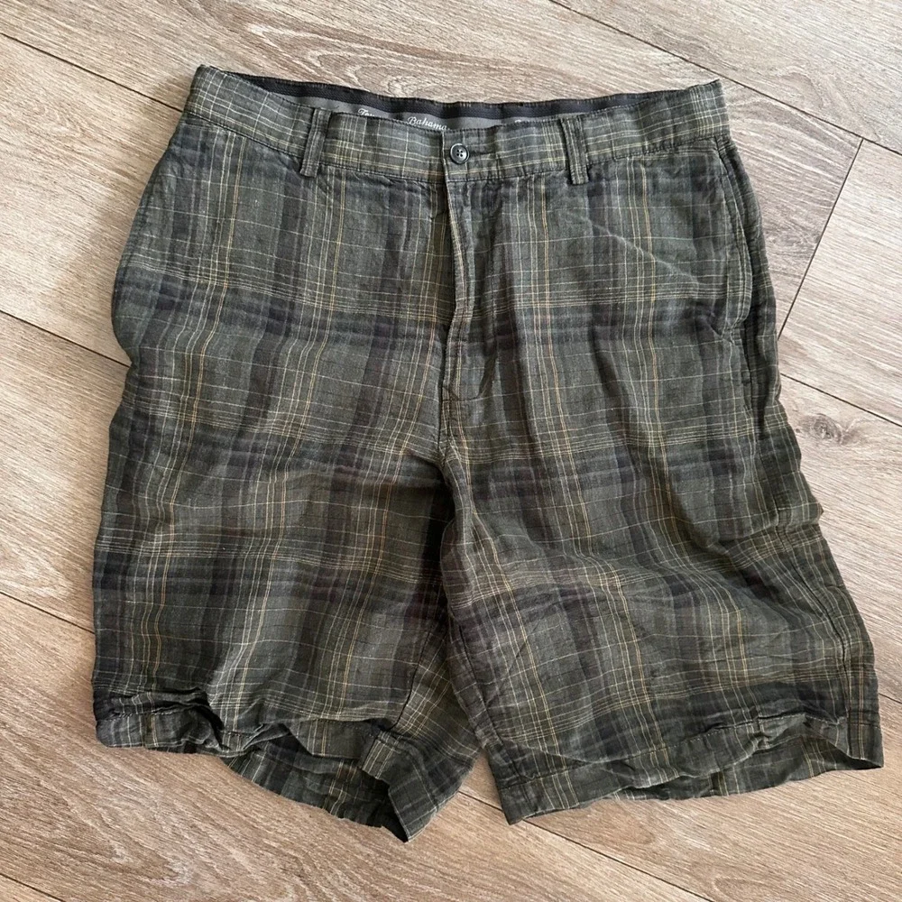 Tommy Bahama Mens 32 Plaid Linen Silk Blend Shorts Dark Green Brown Flat Front